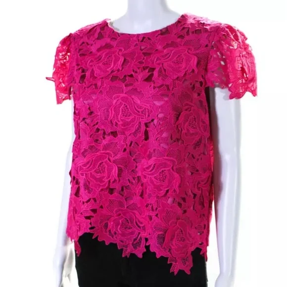 Milly Women's Round Neck Cap Sleeves Lined Lace Blouse Pink Size M - Picture 2 of 9
